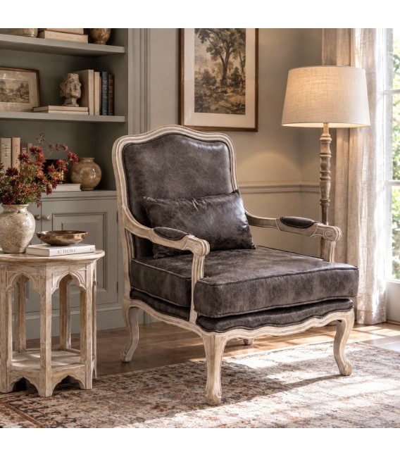 Sillón madera tallada tapizado marrón estilo neoclásico Mdmhogar