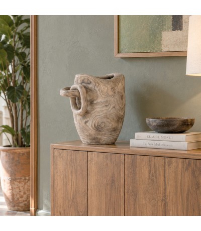Jarrón boho tallado en madera de sauce natural con asa escultórica. Mdmhogar