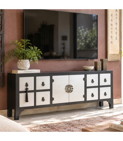Mueble TV oriental en madera negro y plata con 8 cajones y 2 puertas Mdmhogar