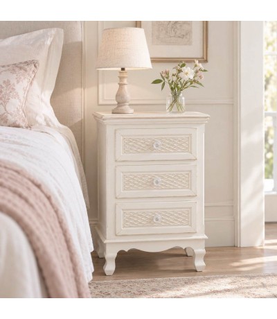 Mesita de noche blanca y beige con relieve de estilo romántico Mdmhogar