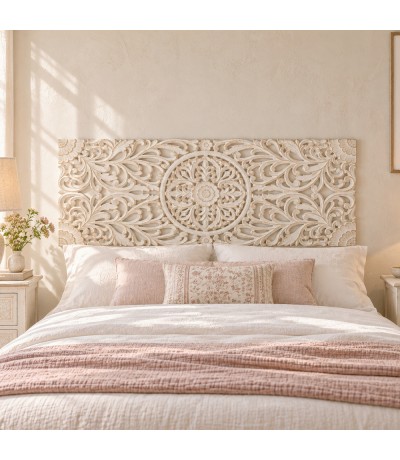 Cabecero 150 étnico en madera MDF tallada blanco rozado decorativo Mdmhogar