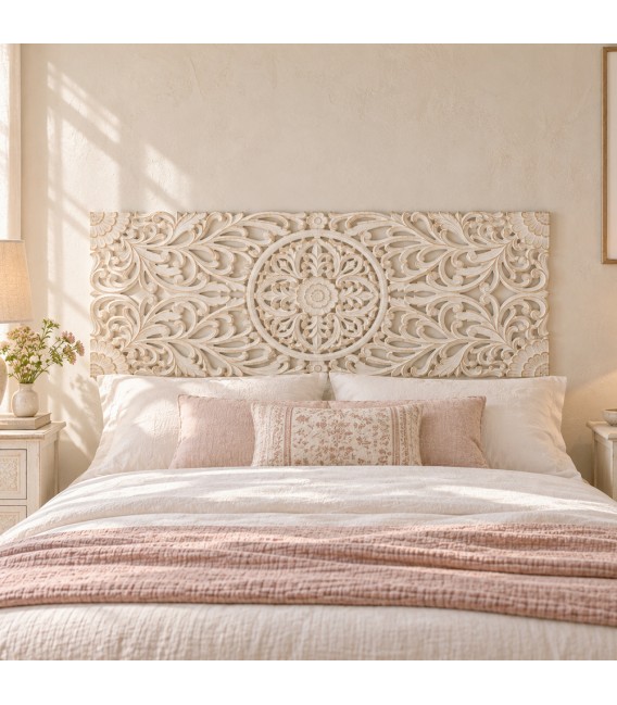 Cabecero 150 étnico en madera MDF tallada blanco rozado decorativo Mdmhogar