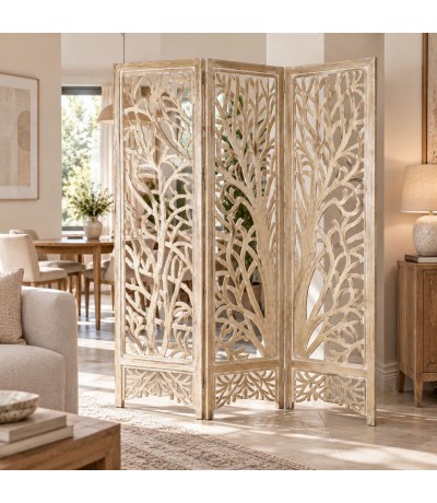 Biombo de madera de mango tallada artesanal estilo colonial Mdmhogar