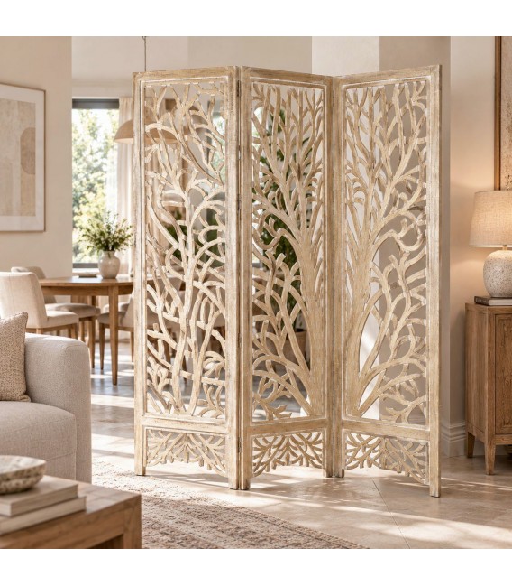 Biombo de madera de mango tallada artesanal estilo colonial Mdmhogar