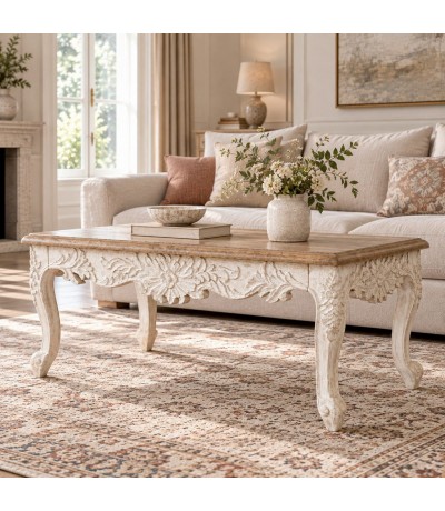 Mesa de centro colonial tallada en blanco y madera natural noble. Mdmhogar