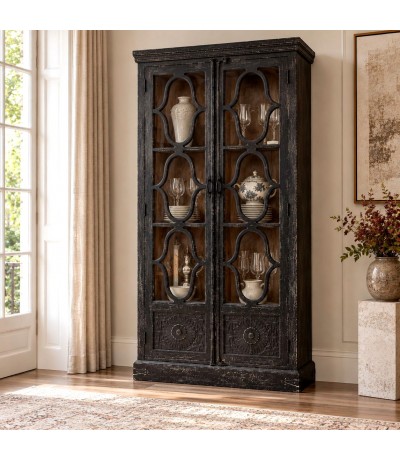 Vitrina de pino negro vintage con celosía de estilo colonial Mdmhogar
