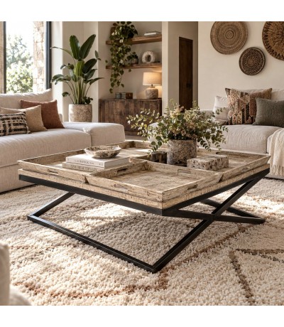 Mesa de centro XL cuadrada de madera maciza y metal con bandejas Mdmhogar