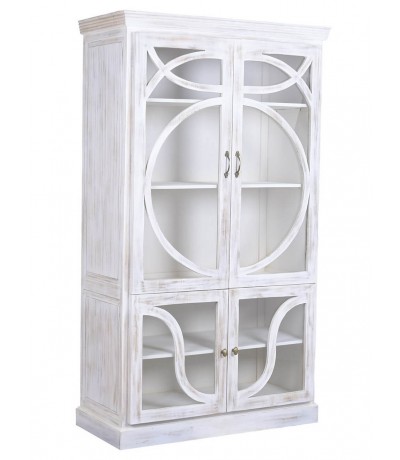Vitrina colonial de madera blanco rozado con detalles dorados