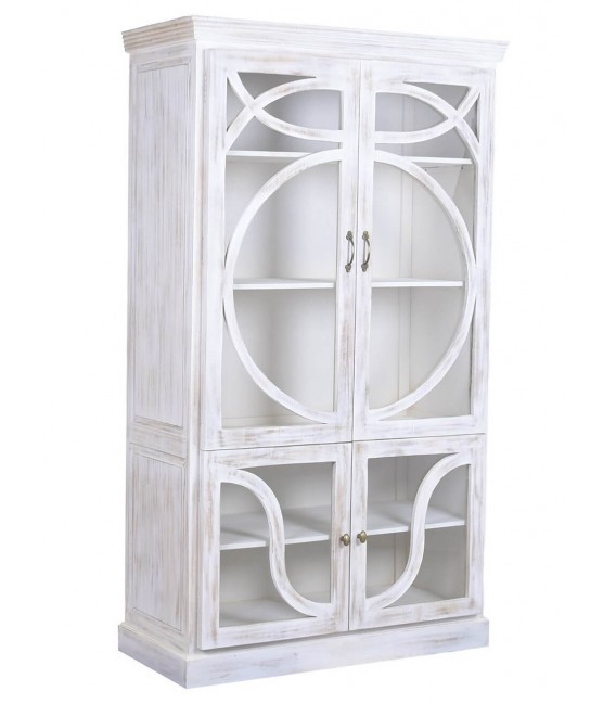 Vitrina colonial de madera blanco rozado con detalles dorados