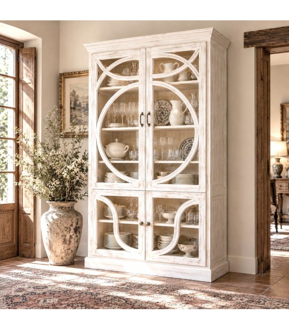 Vitrina colonial de madera blanco rozado con detalles dorados Mdmhogar