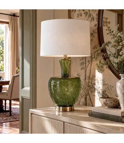 Lámpara alta de cristal verde oliva con pantalla blanca contemporánea Mdmhogar