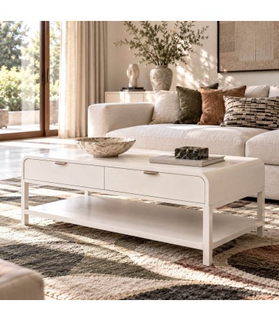 Mesa de centro blanca con cajones y tiradores dorados contemporánea Mdmhogar