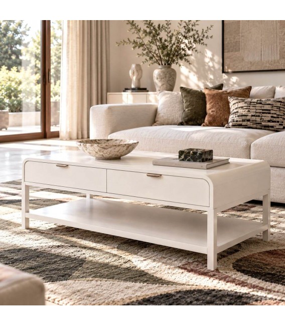 Mesa de centro blanca con cajones y tiradores dorados contemporánea Mdmhogar