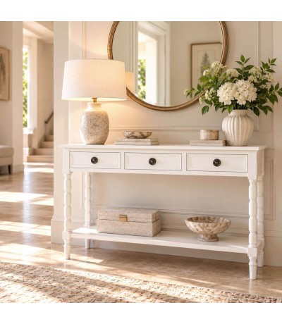 Consola de entrada madera blanca con 3 cajones estilo clásico Mdmhogar