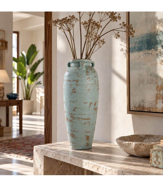Jarrón alto de terracota turquesa rozado estilo mediterráneo Mdmhogar