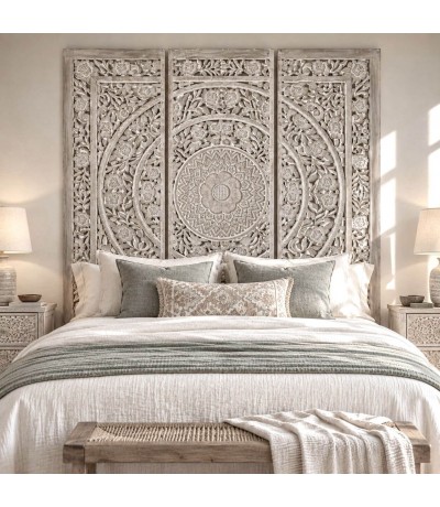 Cabecero mural tallado gris estilo boho, ideal para cama o pared. Mdmhogar