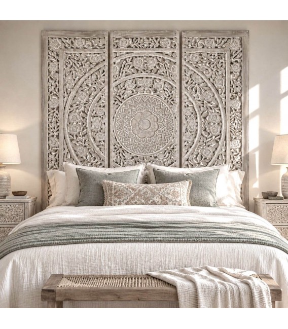 Cabecero mural tallado gris estilo boho, ideal para cama o pared. Mdmhogar