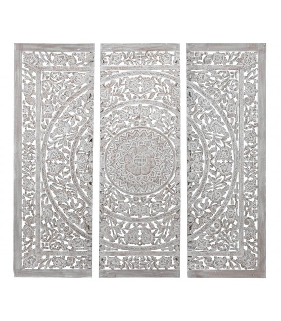 Cabecero mural tallado gris estilo boho, ideal para cama o pared.1