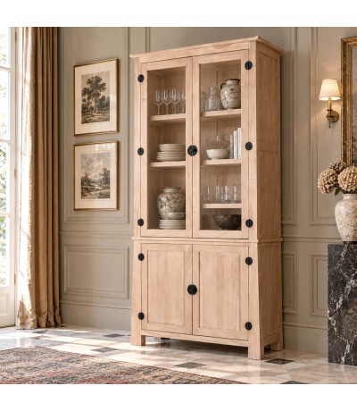 Vitrina de madera maciza de acacia natural y metal negro Mdmhogar