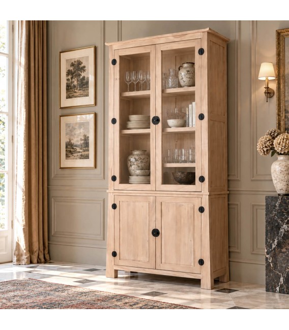 Vitrina de madera maciza de acacia natural y metal negro Mdmhogar