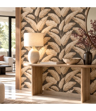 Papel pintado hojas tropicales beige y marrón de aspecto textil Mdmhogar