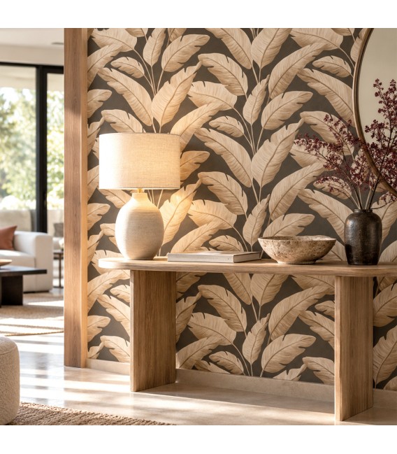 Papel pintado hojas tropicales beige y marrón de aspecto textil Mdmhogar