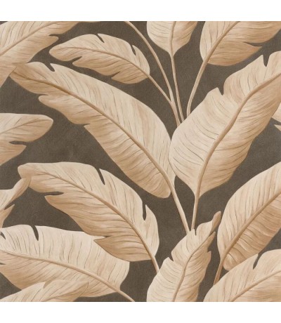 Papel pintado hojas tropicales beige y marrón de aspecto textil