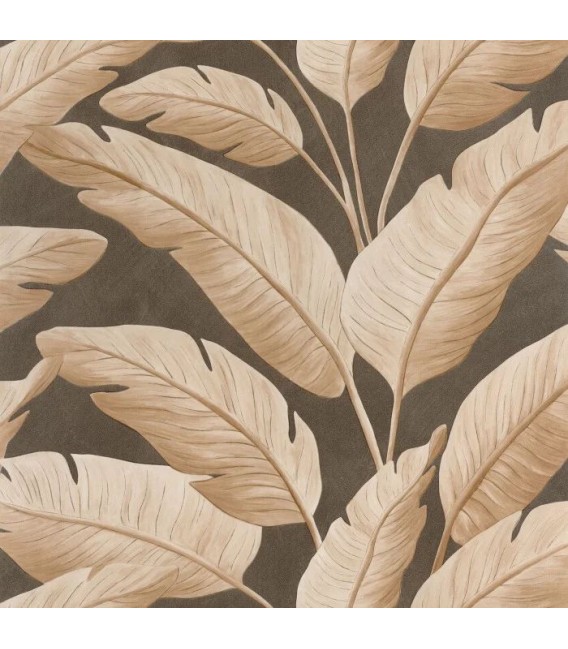 Papel pintado hojas tropicales beige y marrón de aspecto textil