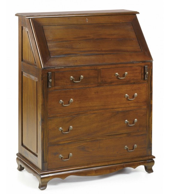 Cómoda escritorio madera maciza caoba y polipiel estilo clásico