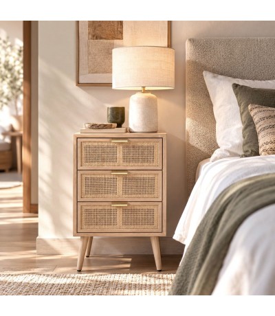 Mesita de noche madera y ratán natural estilo colonial Mdmhogar