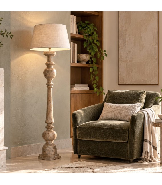 Lámpara de pie madera de mango natural y lino beige estilo boho Mdmhogar
