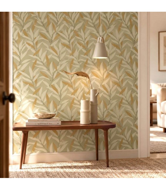 ROLLO PAPEL PINTADO HOJAS 53 X 10,5 LABLA VERDE MARRON Y BEIGE