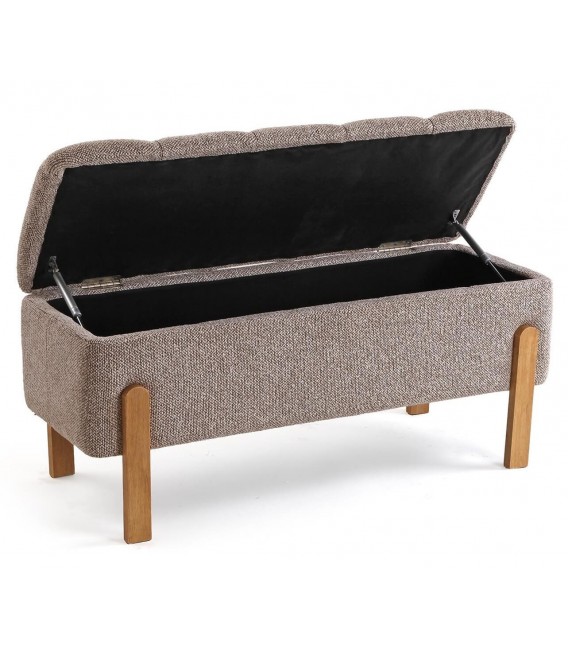Banco pie de cama con baúl tapizado topo y madera natural estilo nórdico 1