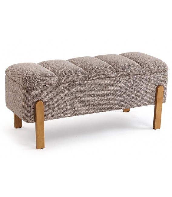 Banco pie de cama con baúl tapizado topo y madera natural estilo nórdico 2