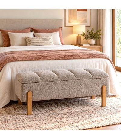 Banco pie de cama con baúl tapizado topo y madera natural estilo nórdico Mdmhogar