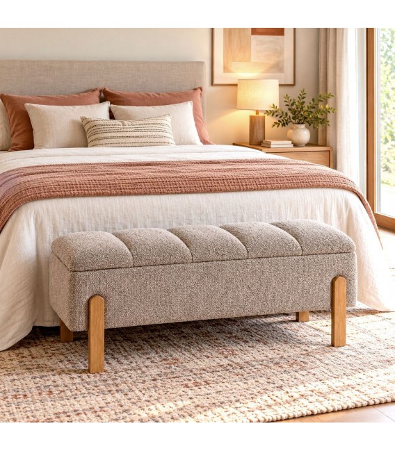 Banco pie de cama con baúl tapizado topo y madera natural estilo nórdico Mdmhogar