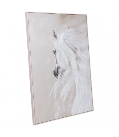 Cuadro vertical grande pintado a mano de caballo blanco y beige