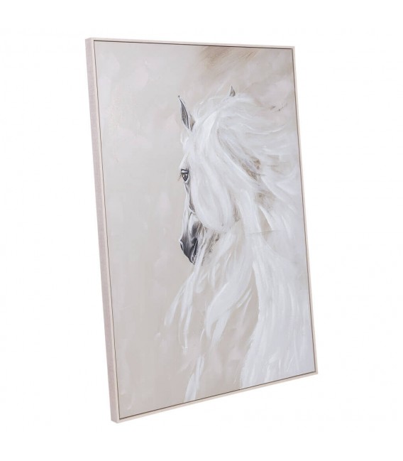 Cuadro vertical grande pintado a mano de caballo blanco y beige