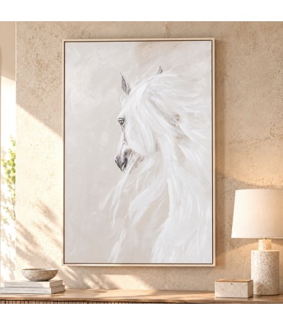 Cuadro vertical grande pintado a mano de caballo blanco y beige Mdmhogar