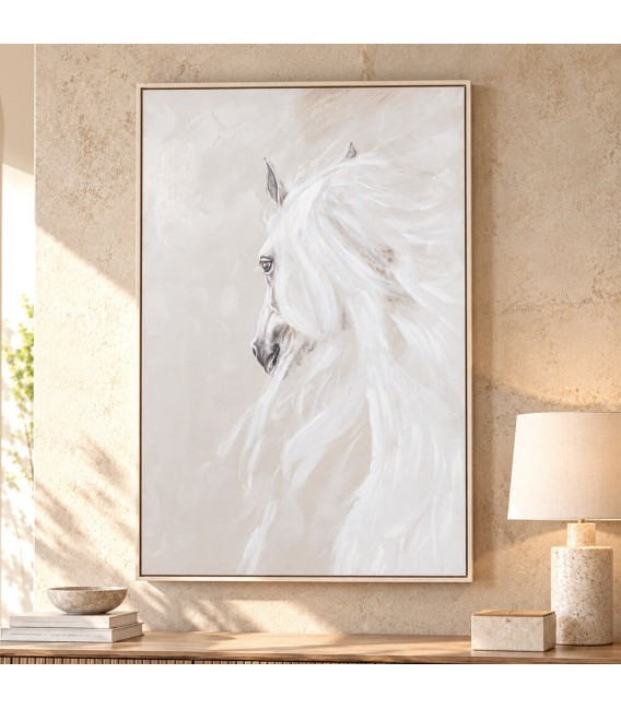 Cuadro vertical grande pintado a mano de caballo blanco y beige Mdmhogar