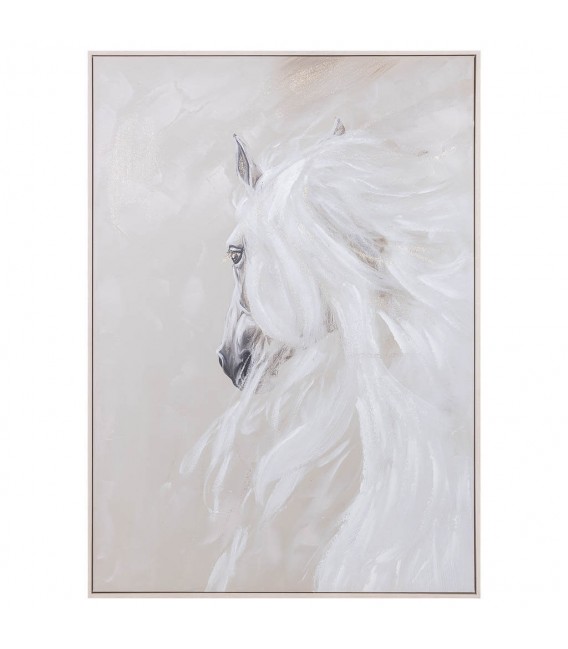 Cuadro vertical grande pintado a mano de caballo blanco y beige 1