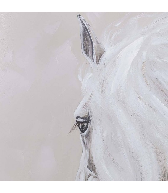 Cuadro vertical grande pintado a mano de caballo blanco y beige 4