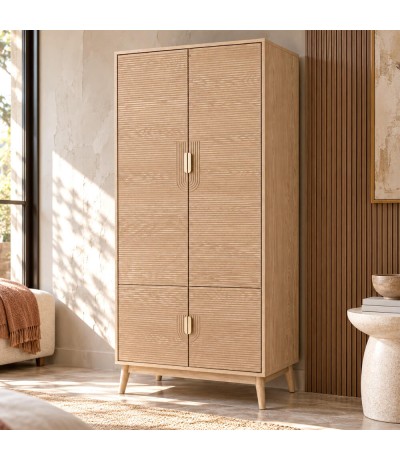 Armario ropero de madera natural con metal dorado estilo art déco Mdmhogar