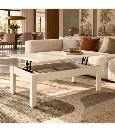 Mesa de centro rectangular elevable porcelánico travertino metal beige Mdmhogar