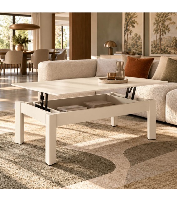 Mesa de centro rectangular elevable porcelánico travertino metal beige Mdmhogar
