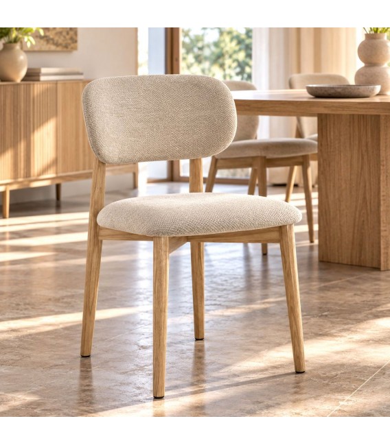 Silla de comedor de roble natural y chenilla beige estilo nórdico Mdmhogar