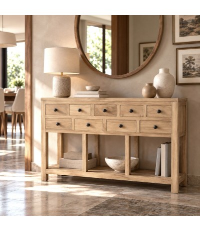 Consola colonial de madera natural con tiradores metálicos negros. Mdmhogar