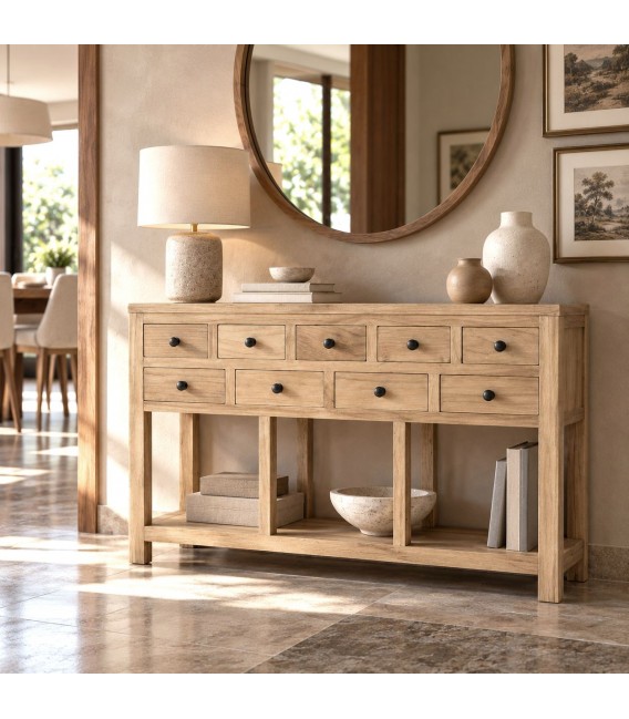 Consola colonial de madera natural con tiradores metálicos negros. Mdmhogar