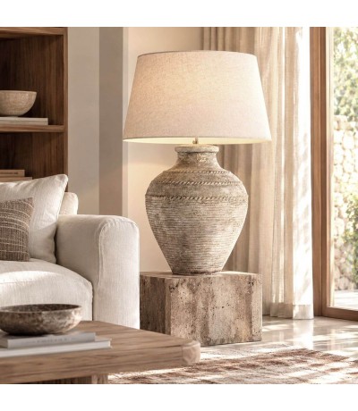 Lámpara de sobremesa XXL de terracota envejecida y lino beige Mdmhogar