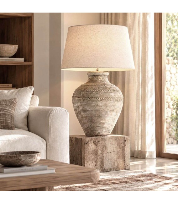 Lámpara de sobremesa XXL de terracota envejecida y lino beige Mdmhogar